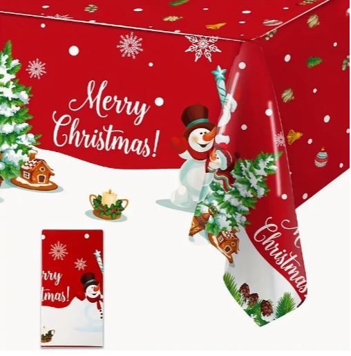 Merry Christmas Disposable Tablecloth – 220×130 cm, Santa, Snowman & Christmas Tree Pattern, Festive Holiday Decor